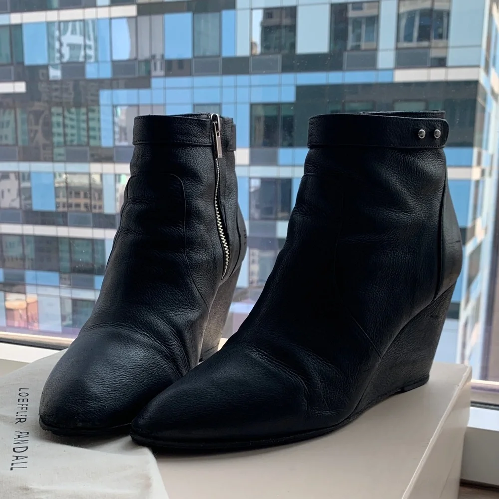Loeffler Randall Black Leather Wedge Ankle Boots